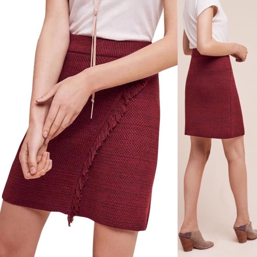 Anthropologie Maeve Fringe Knit Faux Wrap Skirt